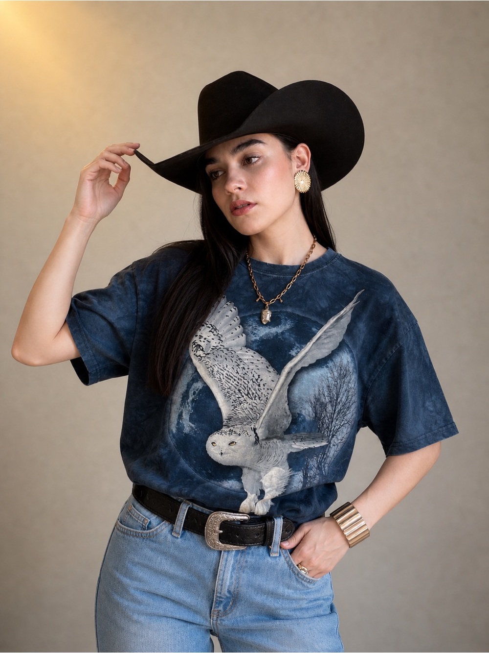 The Mountain Snowy Owl Moon T-Shirt Tie Dye Graphic Tee Blue Nature Shirt XL